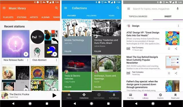 從左到右分別是 Play Music，Google Plus 及 Play Newsstand