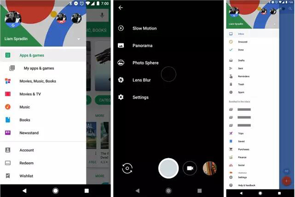 從左到右分別是 Play Store，Google Camera 及 Inbox