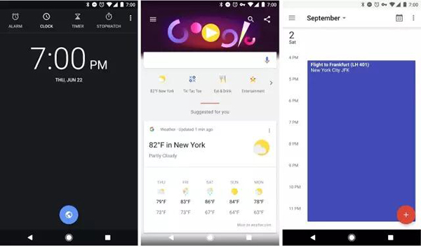 從左到右分別是 Clock，Google 和 Google Calendar